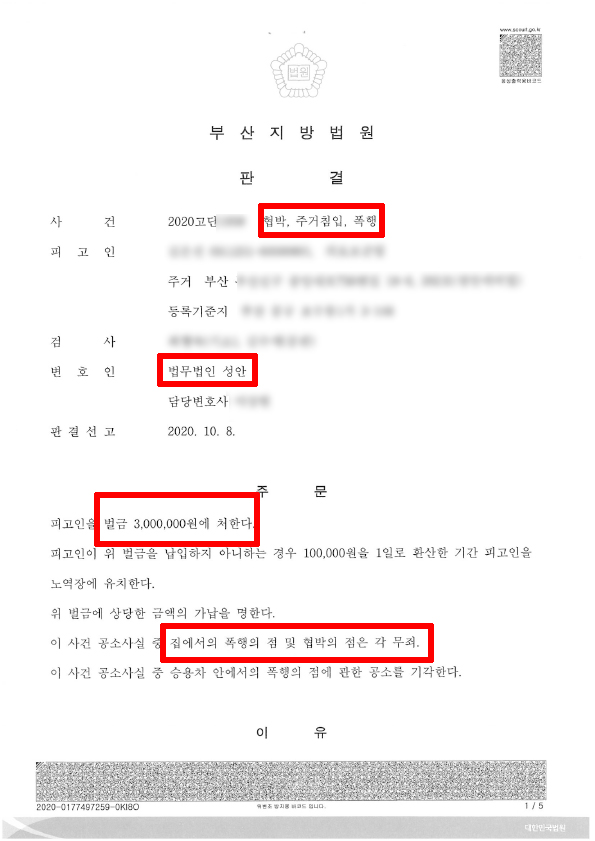 주거침입죄 벌금형/ 폭행 및 협박죄 무죄 성공 사례