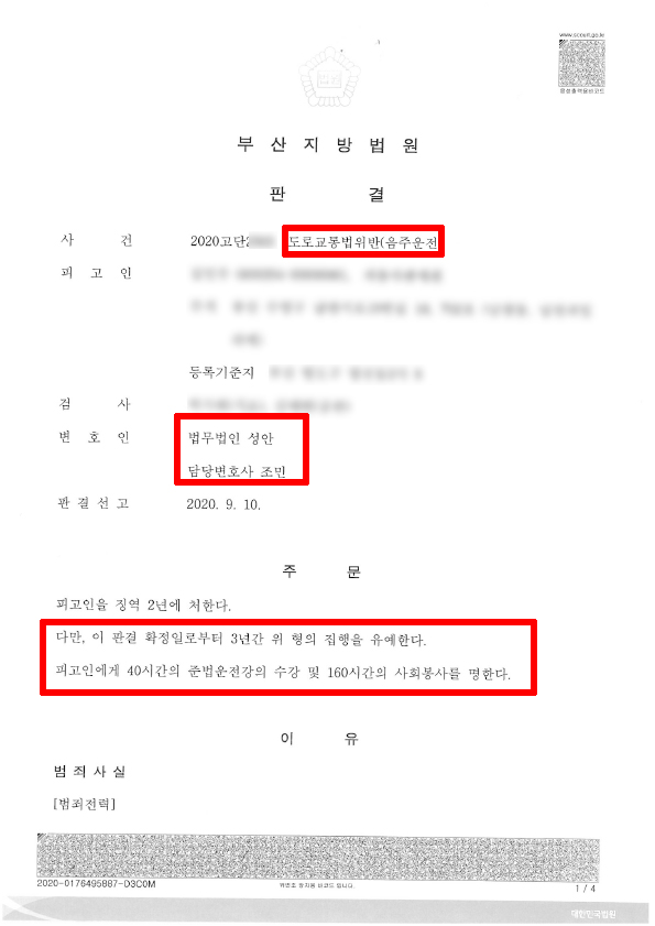 음주운전 3회_혈중 알코올농도 0.280% 집행 유예 성공 사례