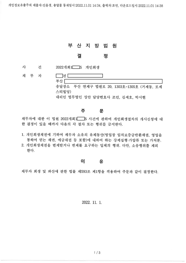 개인회생 금지명령 인용_부산_00진