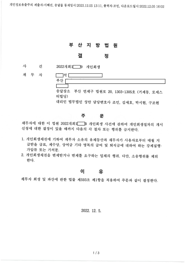 개인회생 금지명령 인용_부산_00석