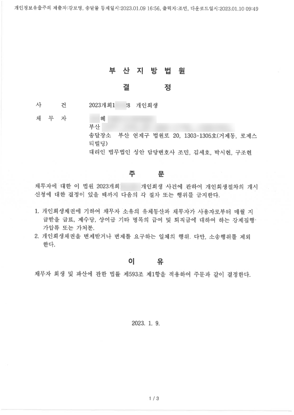 개인회생 금지명령 인용_부산_00혜