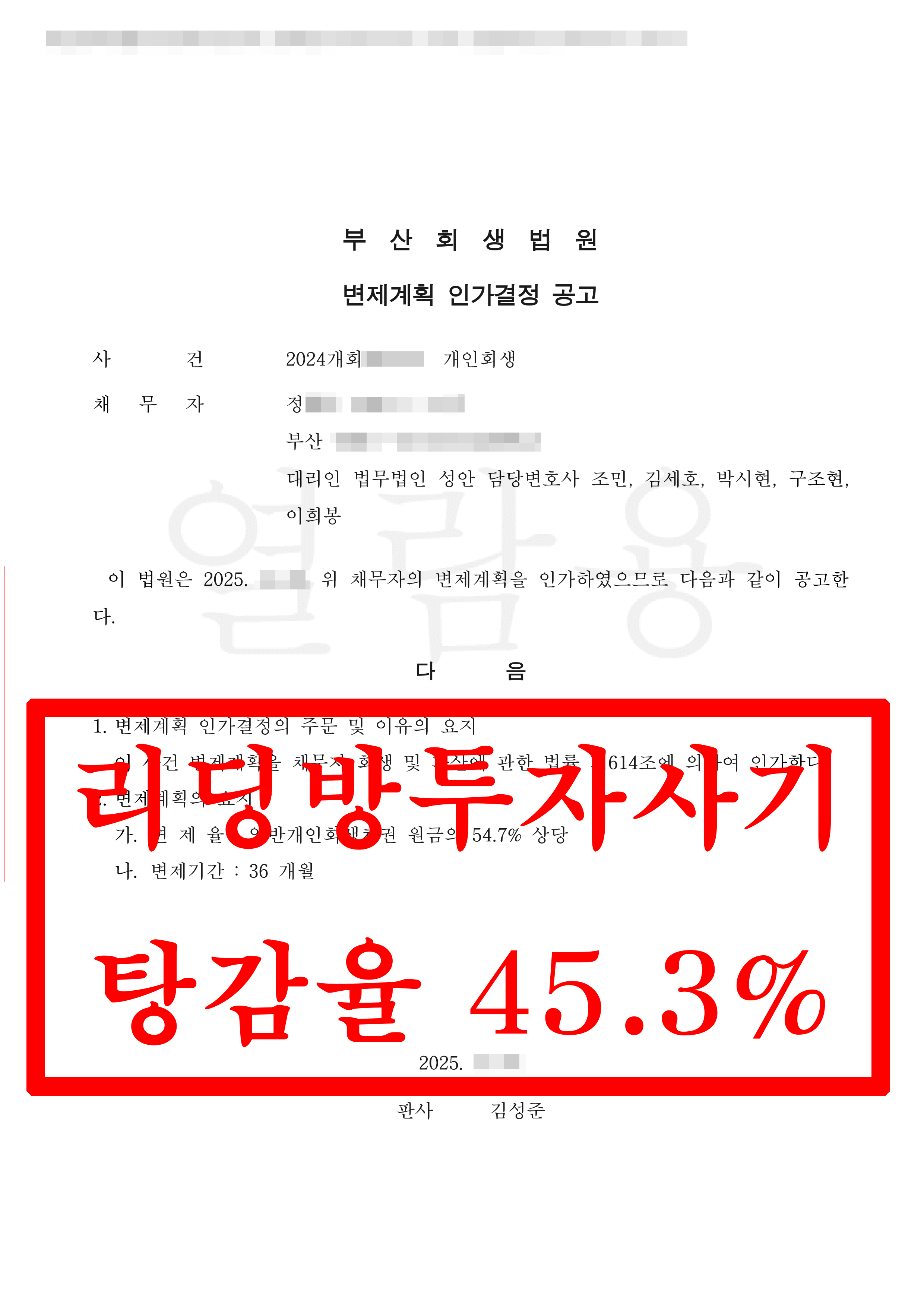 부산/정OO님/30대 여성/개인회생 인가결정