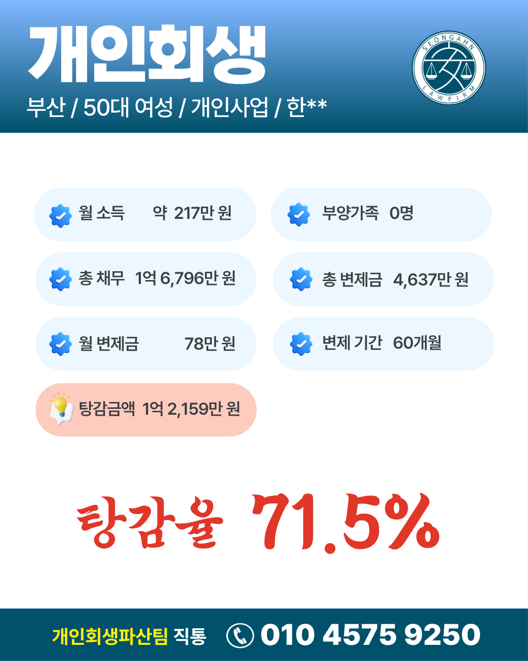 [회생] 부산/한OO님/50대 여성/개인회생 개시결정