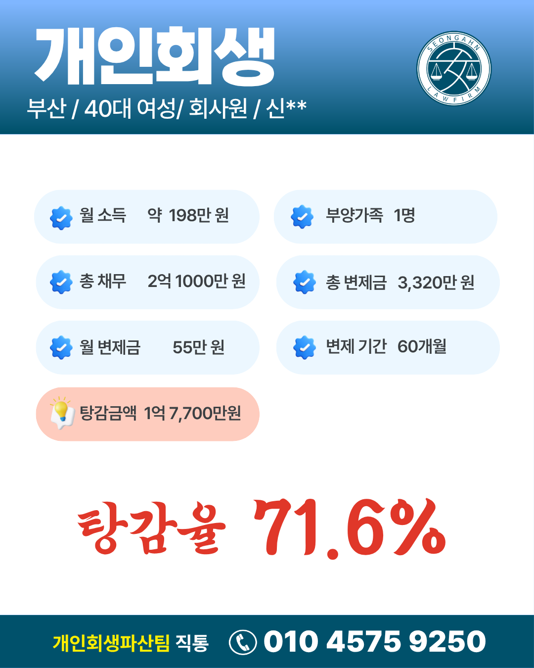 [회생]부산/ 신OO님/ 40대여성/개인회생 개시결정