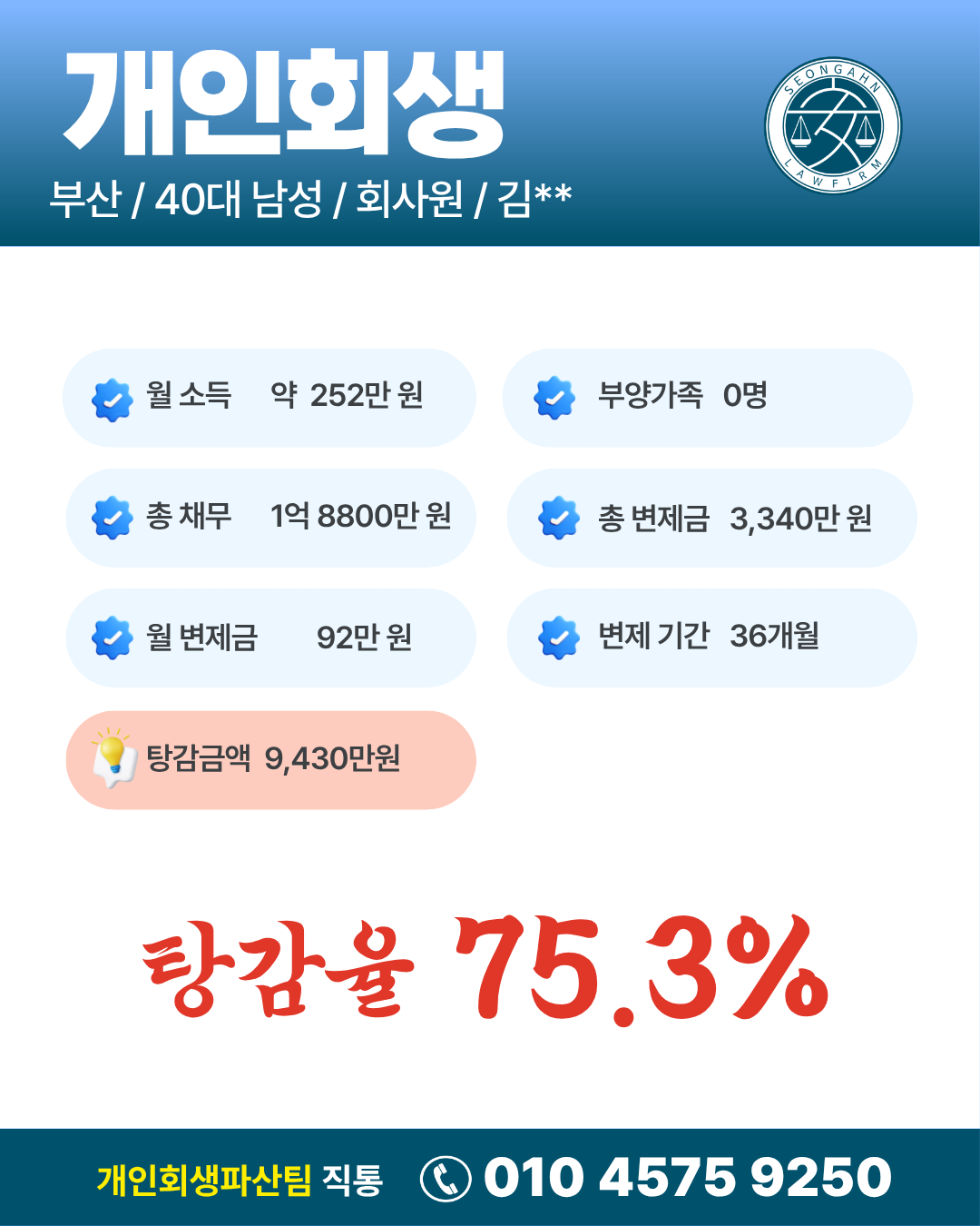 [회생]부산/ 김OO님/ 40대남성/개인회생 개시결정